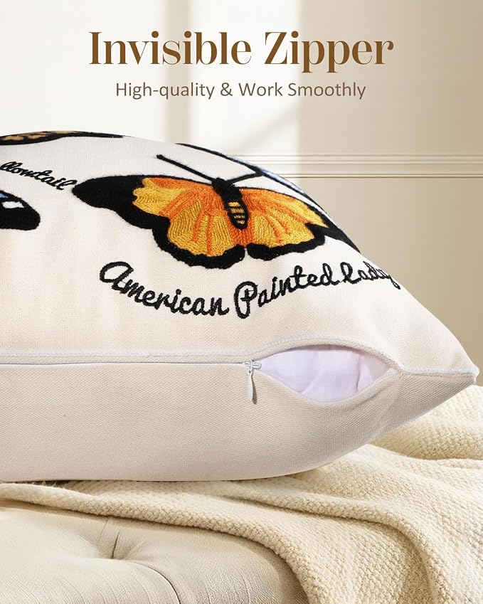 Animal Embroidered Throw Pillow Cover 18x18 Inch, Butterfly | Decorative Pillow Cover, Cottagecore Cushion Cases with Hidden Zipper, Farmhouse Decor for Couch, Sofa, Living Room