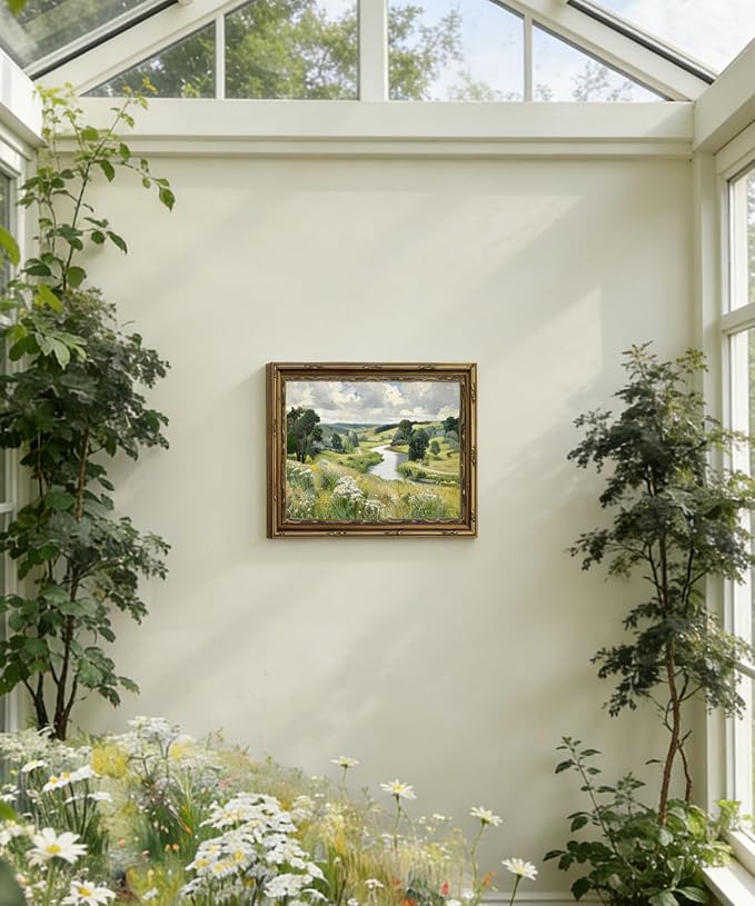 Gold Framed Wall Art Vintage Countryside River Wall Art Rustic Nature Wildflower Meadow Landscape Wall Decor Picture Farmhouses Country Cottage Poster Print Artwork for Living Room Bedroom 9x11in