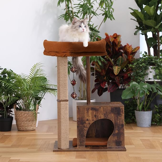 FUKUMARU Retro-Modern Cat Tree, Small Wooden Cat Tower with Post and Condo | 32.6" Aesthetic Cat Tree Tower for Indoor Adult Cats, Solid Scratcher with Natural Sisal Scratching Post and Silvervine Balls