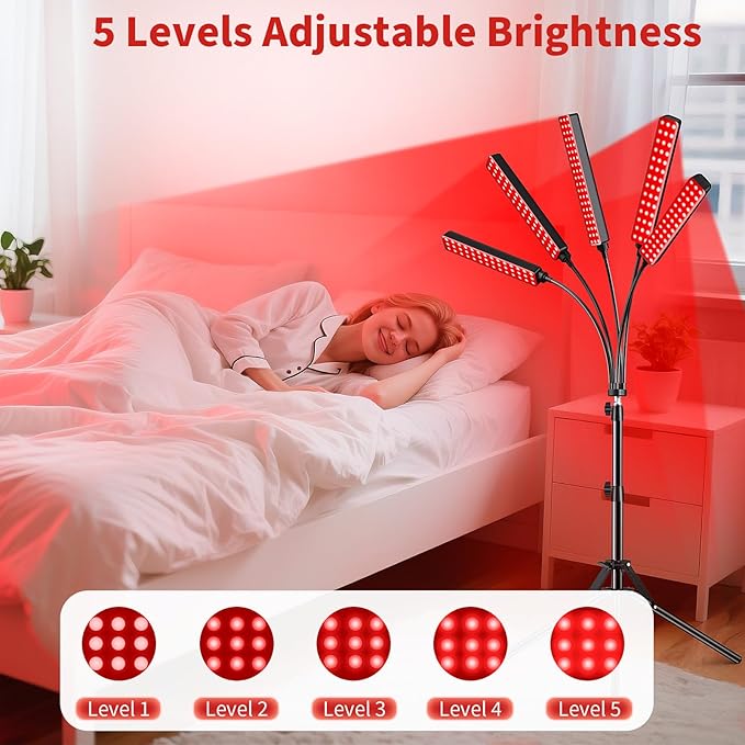Cholas Red Light Therapy for Face Body, 5 Heads Red Infrared Light Therapy Devices with Stand, 5 Levels Adjustable Brightness 660nm and 850nm LED Near Infrared Light for Full Body, Face, Skin, Muscle