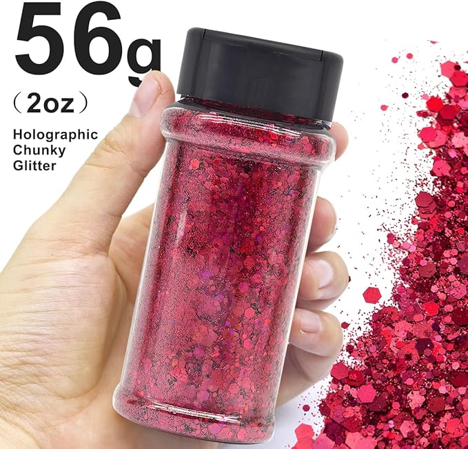 Rose Pink - Craft Glitter - 2oz Glitter Shaker Bright Colorful Holographic Mix Chunky Body Glitter Bulk Wholesale 24 Colors in Shaker Cosmetic Glitter EBLB912