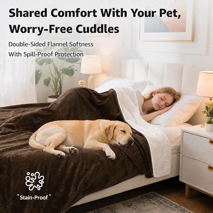 LOOBANI Waterproof Blanket for Bed Intimacy King Size 85"x108", Coffee | Double-Side Leak-proof Cozy Flannel, Reversible, Stain-Proof Cover for Rest Movie Time, Furniture Protection, Large Dogs,
