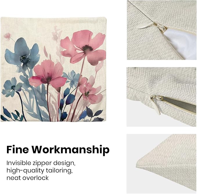 Spring Floral Pillow Covers 18x18 Inches Set of 2 Pink Blue Floral Throw Pillow Covers Outdoor Rustic Summer Flower Decor Pillowcase Farmhouse Decorative Square Cushion Cover for Sofa Couch