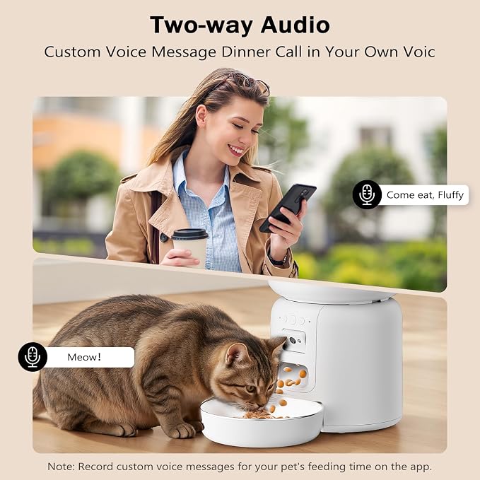 Automatic Cat Feeder with Camera, 4L Automatic Pet Feeder, Dual Power Supply, Smart Cat Food Dispenser with 2MP Night Vision & Two-Way Audio for Cats and Small Dogs, White
