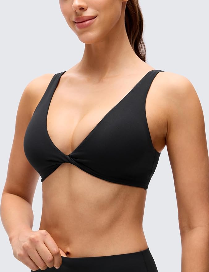 CRZ YOGA Butterluxe Front Twist Deep V Neck Sports Bras for Women - Wide Straps Padded U Back Yoga Crop Top