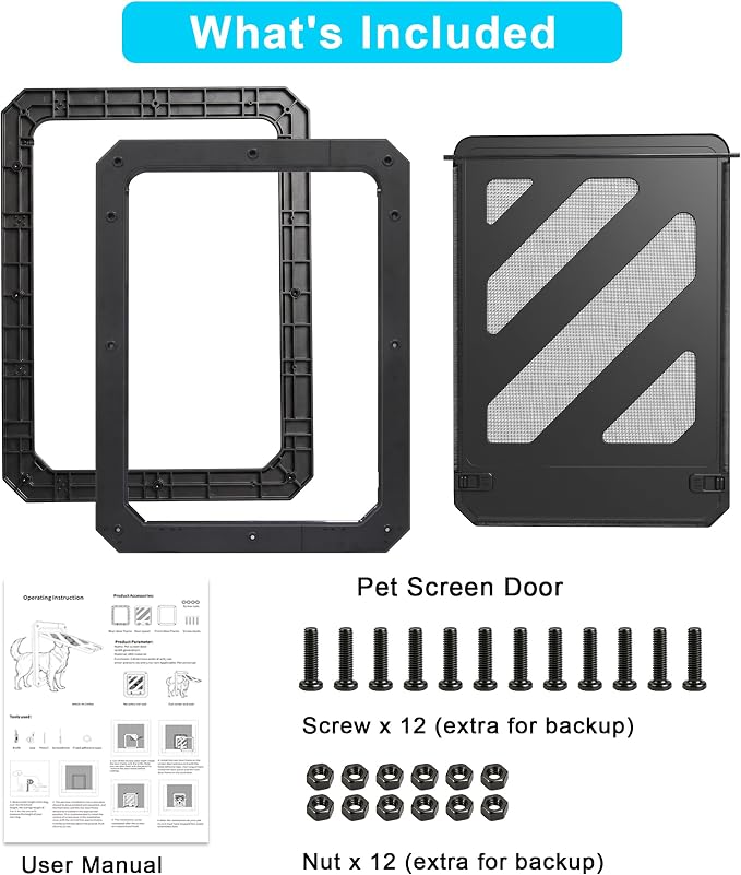 Dog Door for Screen Door, Enhanced Quiet Flap & Sealing Brush, 10.2”x14.3” Opening, Lockable Doggy Screen Door, Magnetic Self-Closing Pet Door-Medium to Large Dogs up to 60 lbs (Black)
