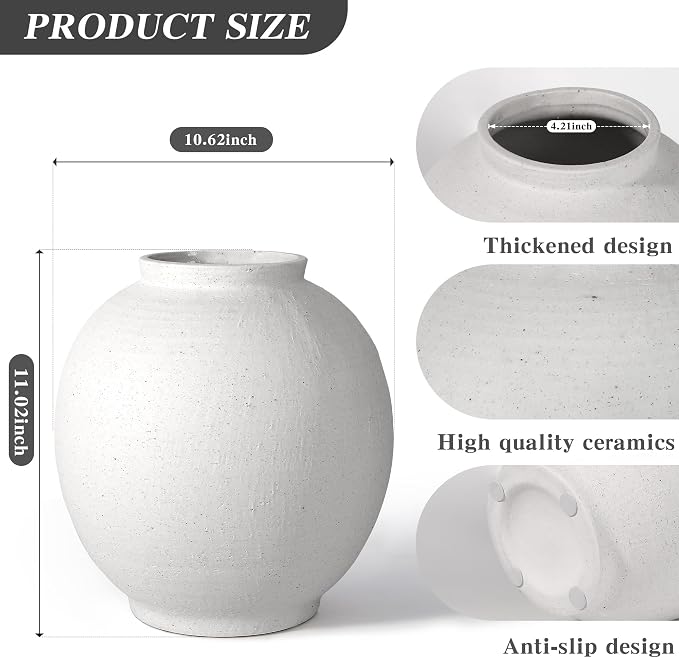 11" White Ceramic Vase, Large Round Ceramic Flower Vase | Artisan Handcrafted,Rustic Farmhouse Living Room Home Decor