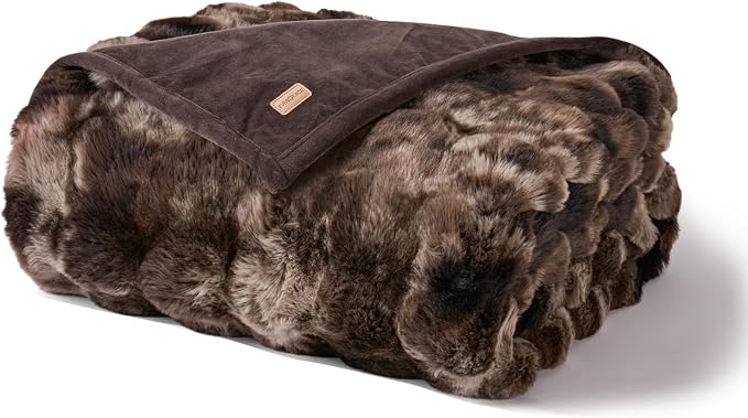 Faux Rabbit Fur Bubble Throw Blanket, 50"x60", Mocha Brown | Ultra Soft, Luxury Faux Rabbit Fur Throw, Thick Warm Bubble Blanket, Cozy Fluffy Reversible, for Bed, Couch, Chair, Sofa