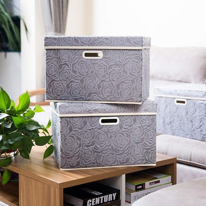 Large Storage Boxes with Lids [3-Pack] Fabric Decorative Storage Bins Cubes Organizer Containers Baskets with Handles for Closet Grey 17.7x11.8x11.8 In For 6+ Year Old Boys and Girls