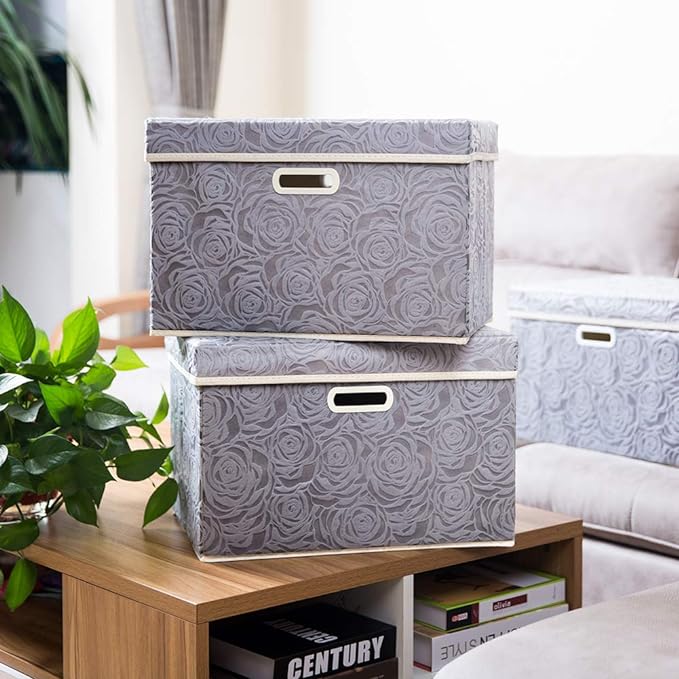 Large Storage Boxes with Lids [5-Pack] Fabric Decorative Storage Bins Cubes Organizer Containers Baskets with Handles for Closet Grey 17.5x11.8x11.8 In For 6+ Year Old Boys and Girls