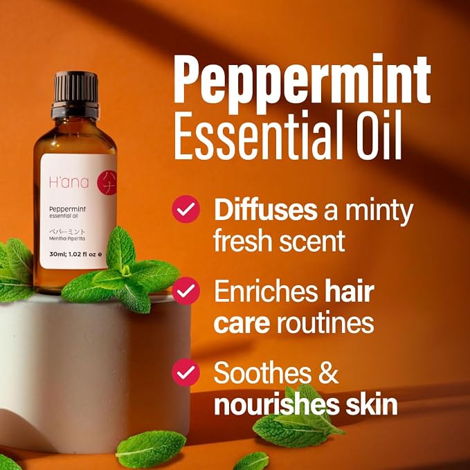 H'ana Peppermint Oil - 1.02 Fl Oz Peppermint Essential Oil for Hair, Skin, Diffuser, Aromatherapy & DIY