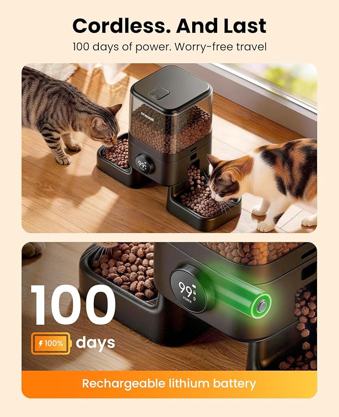 oneisall 2.4G Cordless Automatic Cat Feeder, 20 Cups/5L | 100-Day Rechargeable Battery Life, Time Meal, App Remote Control, Large Kibble, Timed Meals, Feed Now, Precise Portions