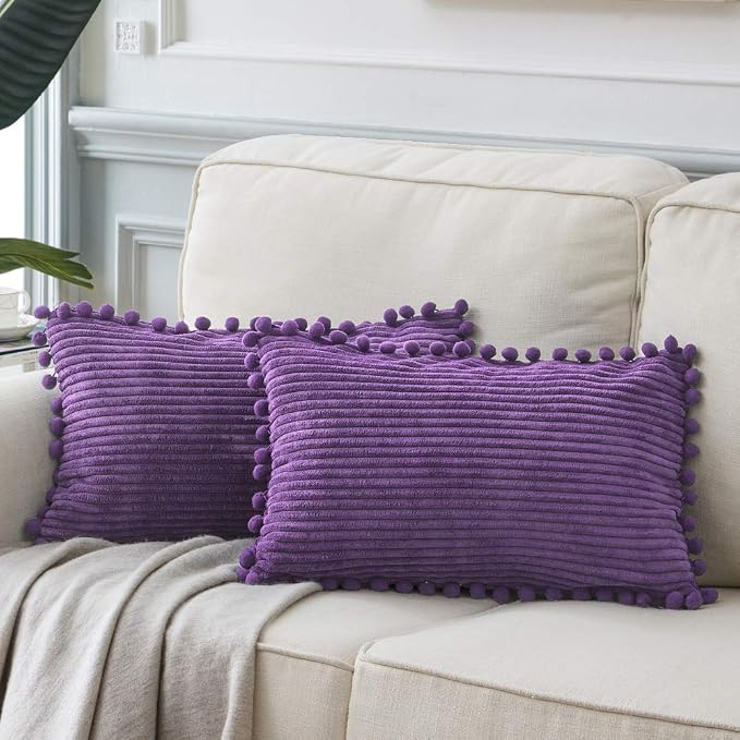 Fancy Homi Pack of 2 Boho Lumbar Decorative Throw Pillow Covers with Pom-poms, Soft Corduroy Solid Rectangle Cushion Cases Set for Living Room Couch Sofa Bedroom Car (12x24 Inch/30x60 cm, Purple)