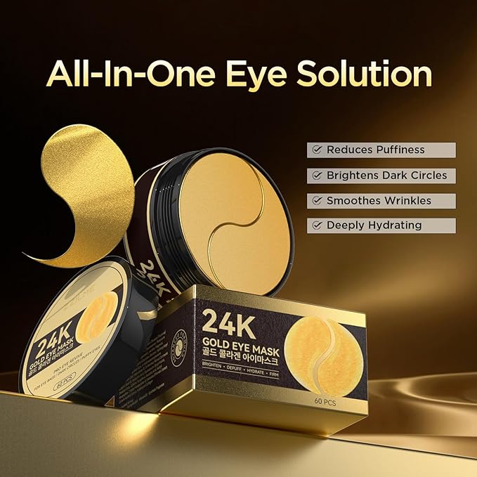 24k Gold Eye Patches - Firming, Glowing & Hydrating Hydrogel Mask for Puffy Eyes, Dark Circles, Wrinkles, Eye Bags Treatment, Fine Lines, Korean Skincare Gifts for Men and Women, 60Pcs
