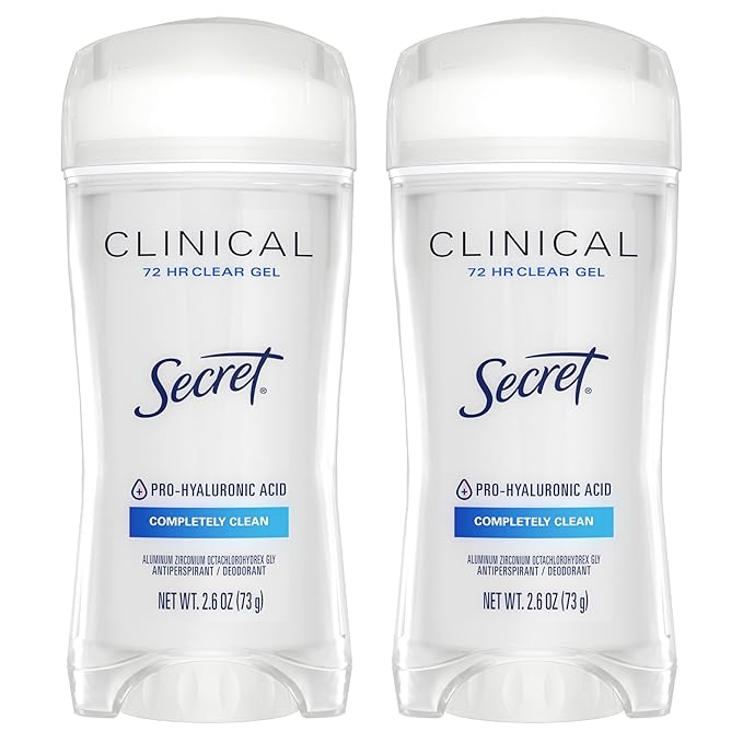 Secret Clinical Strength Antiperspirant Deodorant for Women, 3X Stress Protection, 72hr Sweat & Odor Protection, PH Balancing Minerals, Clear Gel, Completely Clean Scent, 2.6 oz (Pack of 2)