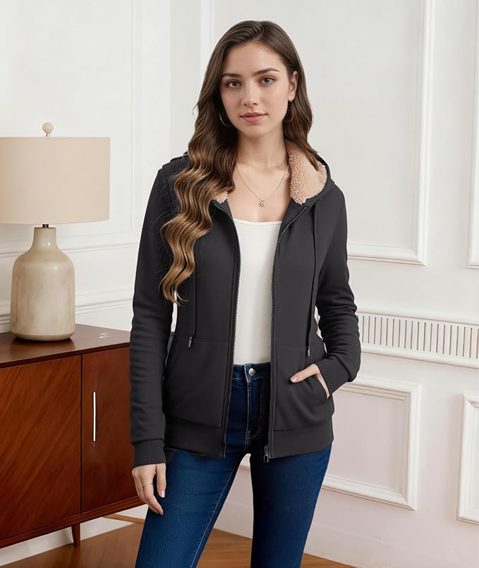 Little Beauty Womens Zip Up Hoodies Winter Thick Fleece Lined Hooded Jacket Casual Cozy Warm Sweatshirt Coat