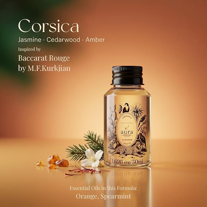 Aura Corsica | Jasmine & Amber Fragrance Oil for Diffusers | Inspired by M.F.K Baccarat Rouge | Luxury Hotel Scent | Floral Amber Aromatherapy | Home & Office | 1.7 fl oz (50ml) | Long Lasting