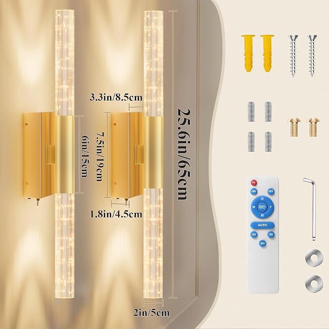 camuucci Battery Operated Wall Sconces Set of 2, Rechargeable Wall Lights | 12000mAh Long-Lasting Battery,Dimmable Cordless Sconce,No Wiring Needed for Bedroom,Living Room,Gold 25.6-Inch