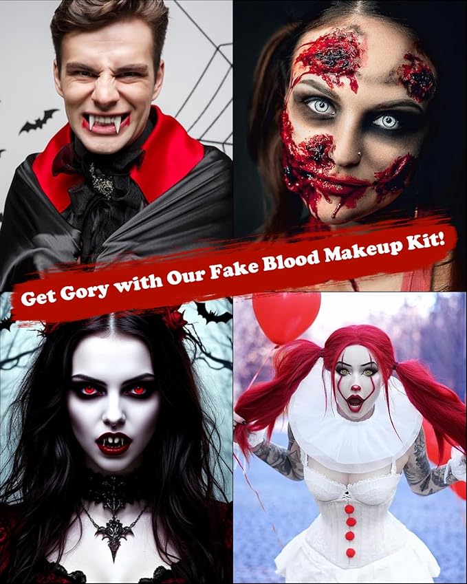 3PCS Halloween Fake Blood Makeup Kit 5.04oz - 2.04oz Fake Blood Spray, 2.04oz Dripping Blood, 1.36oz Coagulated Gel Blood, Realistic Washable Fake Blood Makeup for Zombie Vampire Clown Monster Cosplay