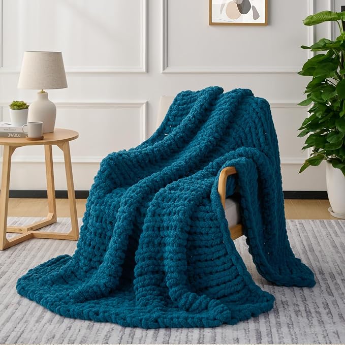 L'AGRATY Chunky Knit Throw Blanket for Couch, 72'' x 84'' Knit Throw, Blue | Handmade Chenille Crochet Blanket for Sofa Bed, Thick Cable Knitted Blankets for Room Home Decor, Birthday Gift for Women Mom