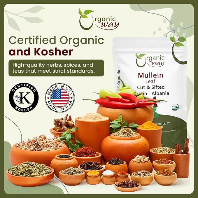 Organic Way Mullein Leaf | Herbal Tea (Verbascum Thapsus) Cut & Sifted - European Wild-Harvest | Organic & Kosher Certified | Non GMO & USDA Certified | Origin - Albania (1/2LBS / 8Oz)