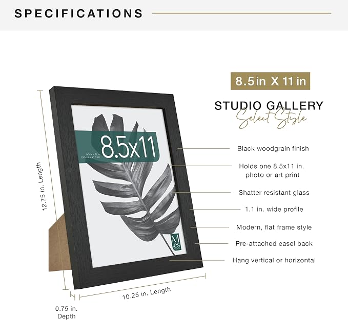 MCS Studio Gallery 8.5x11 Picture Frame Black Woodgrain Engineered Wood, Vertical & Horizontal Wall Hanging & Easel for Tapletop Display, Rectangle Photo Frame for Photos, Posters & Art Prints (1-Pack)