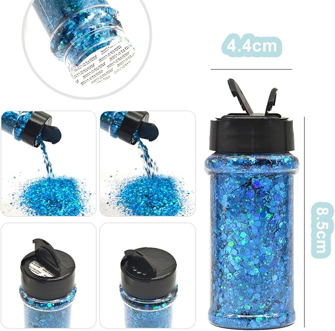 Sky Blue - Craft Glitter - 2oz Glitter Shaker Bright Colorful Holographic Mix Chunky Body Glitter Bulk Wholesale 24 Colors in Shaker Cosmetic Glitter - EBLB700