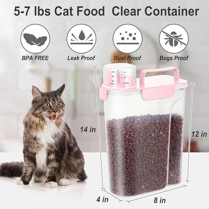 Dog Cat Food Storage Container with Cup (Pink, 5L)