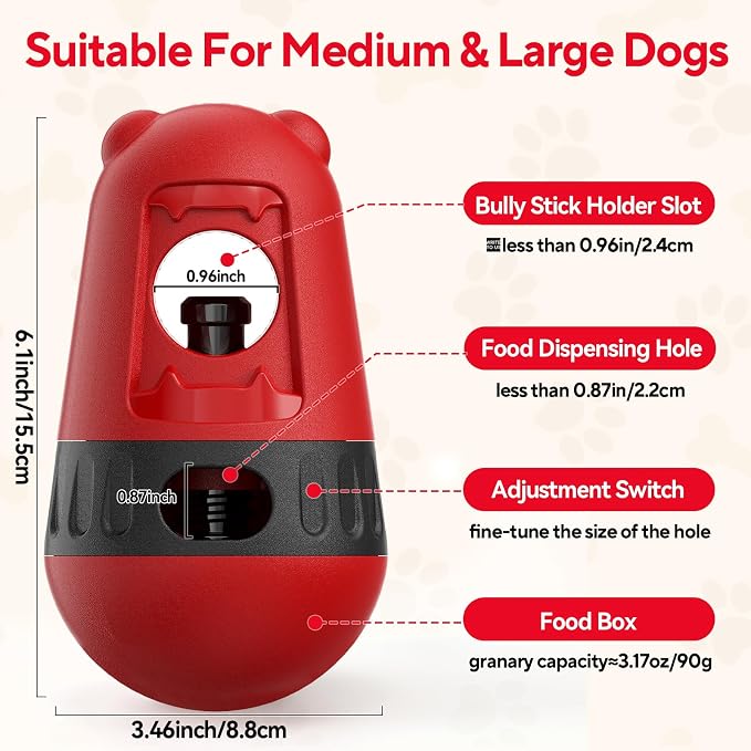 LIFLIX 2 in 1 Interactive Treat Dispensing Dog Toys, Bully Stick Holder, Adjustable Dog Treat Holder for Medium & Large Dogs, Safety Device to Prevent Choking, Red