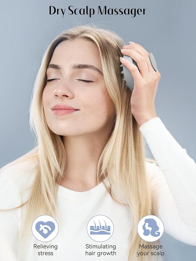 HEETA Scalp Massager Hair Growth, Soft Silicone Scalp Scrubber Shampoo Brush for Exfoliation, Dandruff Removal & Head Massage Stress Relax, Wet & Dry Use for Thick, Thin Hair Care, Wheat Straw Grey