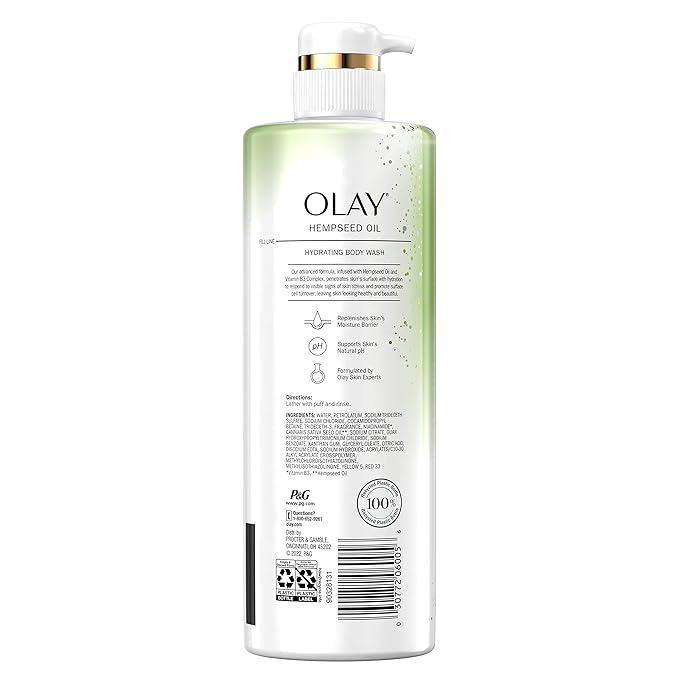 Olay Hydrating Body Wash for Women with Hempseed Oil and Vitamin B3, 20 fl oz (Pack of 4)