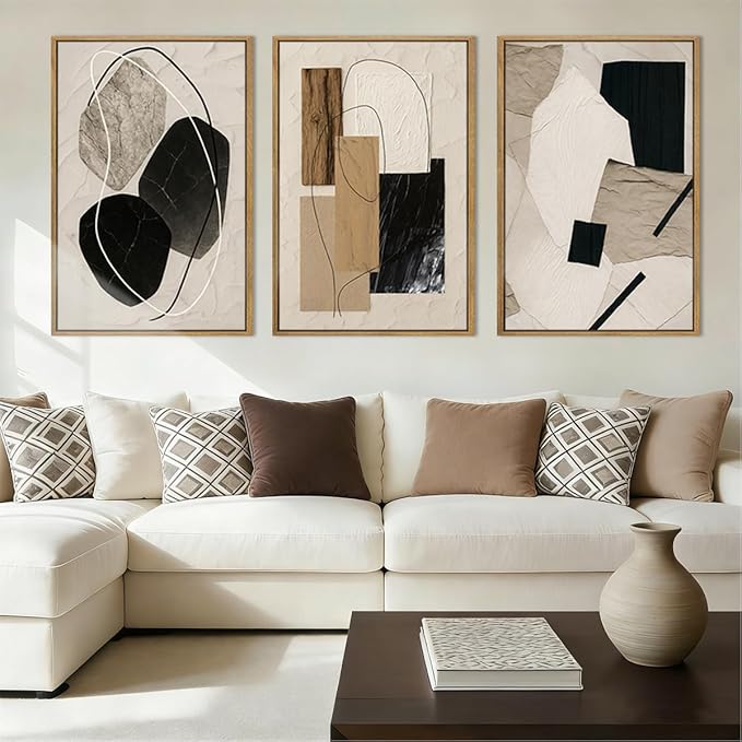 Large Abstract Paintings Framed Neutral Canvas Prints Mid Century Modern Wall Art for Living Room Bedroom Bathroom 36x24 Inch 3 Piece