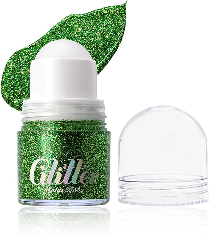 Roll-on face Body Glitter Gel, Holographic Green Long Lasting Body Glitter Gel for Face Hair, Mermaid Makeup Chameleon Shimmer Sequins, Christmas Festival Party Rave Accessories for Women Gifts-06