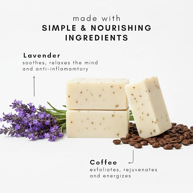 Olivia Care Exfoliating Bar Soap Lavender Latte 3 Pack Natural, Organic. Infused with Coffee Bean & Lavender Essential Oil - 3 X 5 OZ