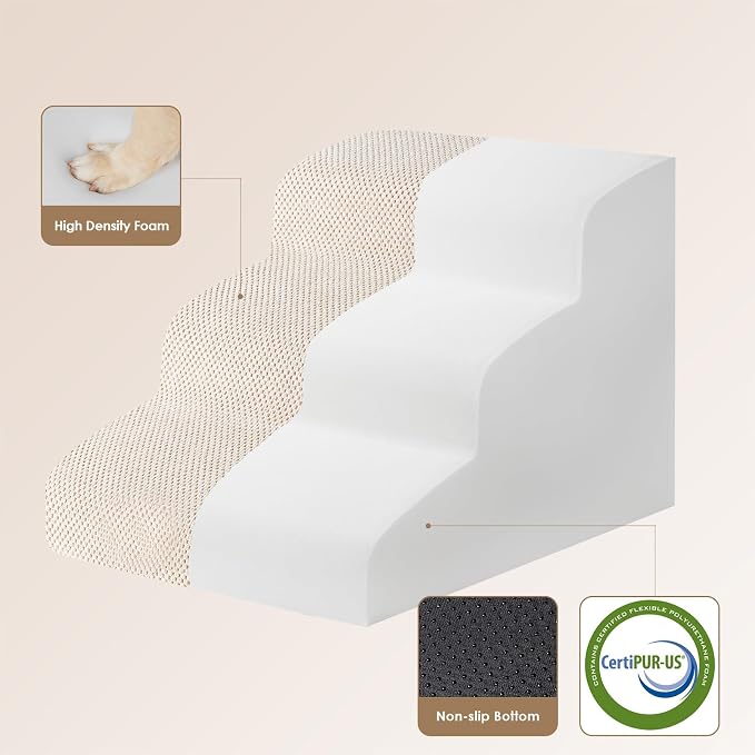 EHEYCIGA Curved Dog Stairs Ramp, 3-Step Dog Steps, 15.8" H Pet Step | 34D density of pure foam, for Small Dogs and Cats, Pet Stairs for High Bed Climbing, Non-Slip Balanced Indoor, Beige