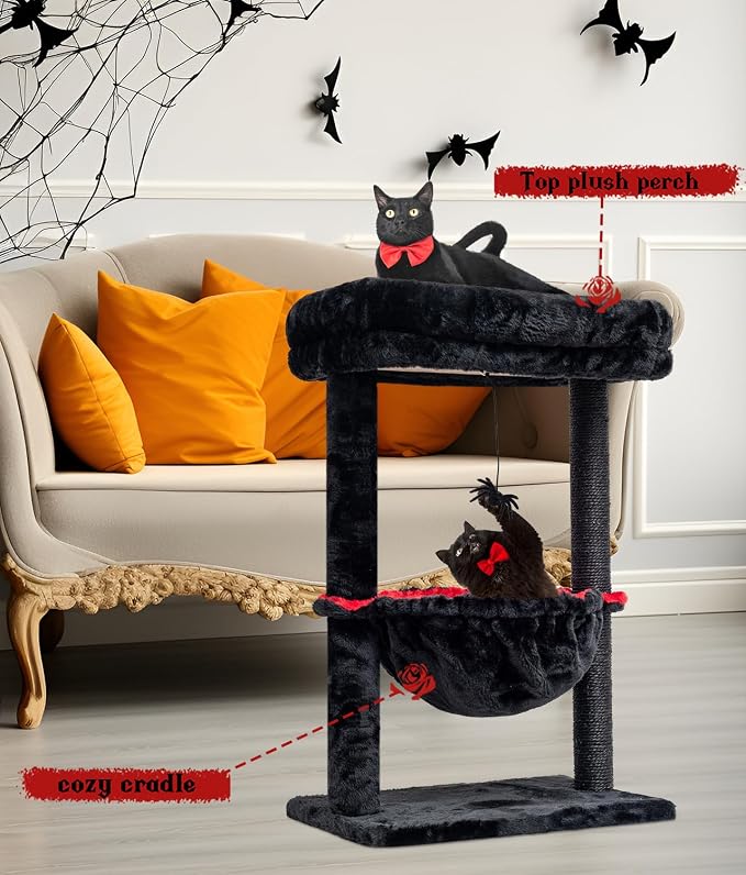 SYANDLVY Gothic Cat Tree with Coffin Bed for Indoor Cats, Activity Tower | Scratching Post for Kittens, Cat Condo Furniture with Basket & Spider Hanging Ball for Play Rest