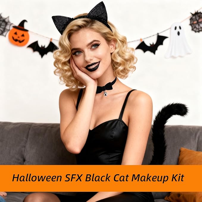 Halloween Black Cat Makeup Kit, Ears Headband, Black Lipstick, Eyeliner, Tail, and Bell Collar, Costume Accessories for Cosplay Party SFX Makeup