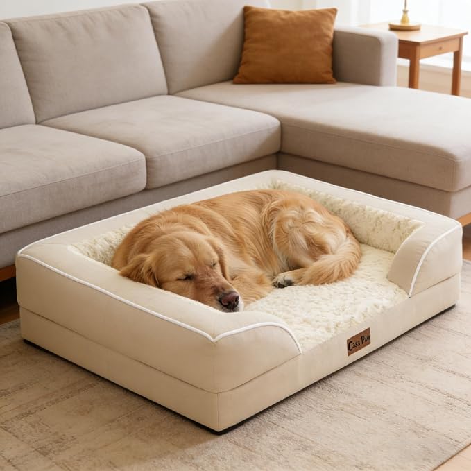 Orthopedic Washable Dog Bed for Extra Large Dogs, 48x30in, Beige | Orthopedic Foam Eases Joint Pressure, Bolsters Supports Head And Neck, Washable Pet Beds, Removable Cover, Non-Slip Bottom