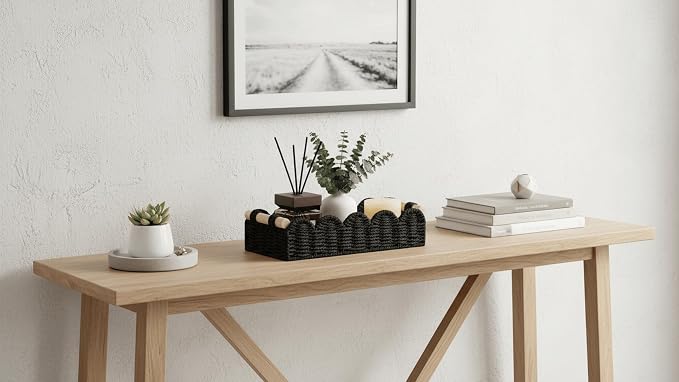 CubesLand Toilet Paper Storage Basket Organizer, Small Wicker Decor Basket | Toilet Tank Top Decorative Basket for Countertop, Handwoven Scalloped Basket W/Handle for Home Decor Living Room, Black