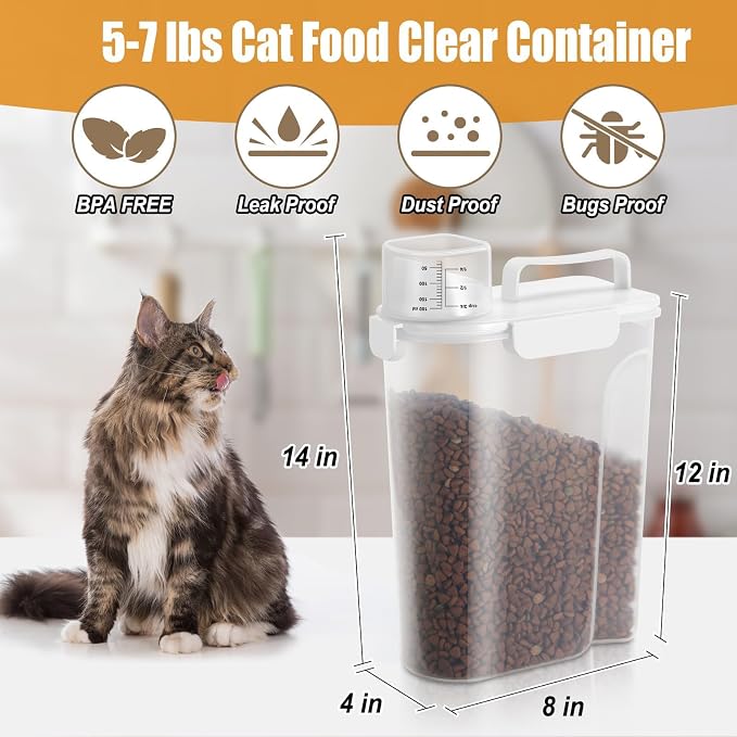Dog Cat Food Storage Container with Cup (White, 5L)