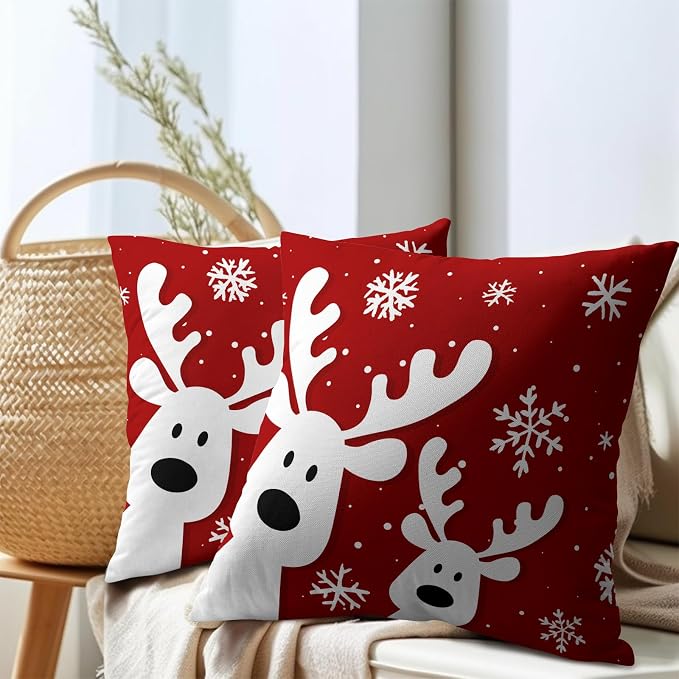Kawani Christmas Reindeer Pillow Covers 16''x16'', Set of 2 Xmas Funny Deer Red Cotton Linen Square Throw Pillowcase Winter Holiday Cushion Case Decoration for Bed Sofa Couch Living Room
