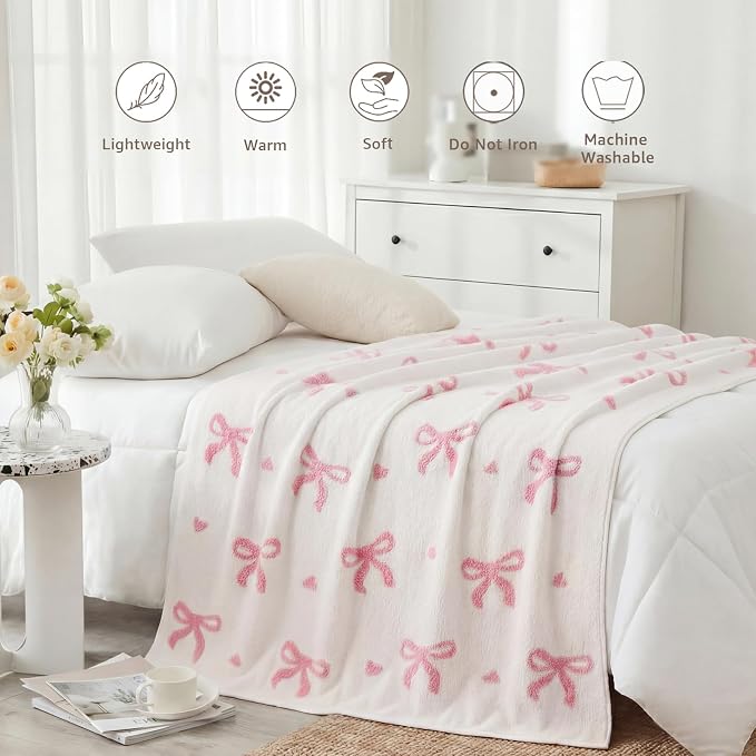 Soft Throw Blanket for Couch-Cozy Reversible Knitted Blankets | Lightweight Warm Fluffy Decor for Women, Mom, Her & Girls, Sofa, Chair, Bed, 50x60in,Bubble Bowknot Pink