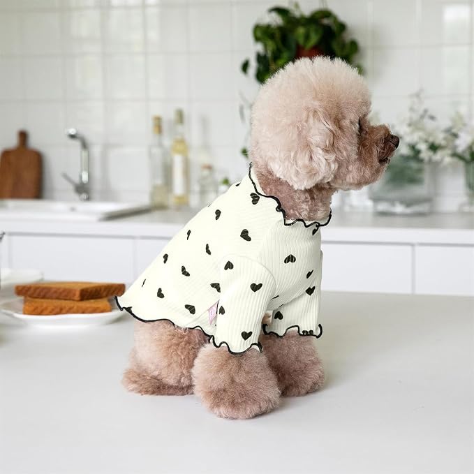 Pet Clothes for Small Dogs Cat Summer Fall Heart Print Shirt Stretchable Ruffle Long Sleeve Outfits for Chihuahua Schnauzer Shih Tzu Yorkie (Beige, X-Small)
