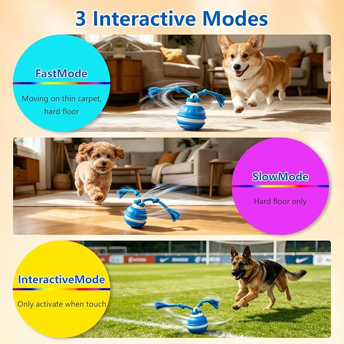 Interactive Dog Ball, 360° Self-Moving, USB-C, LED and Squeaker