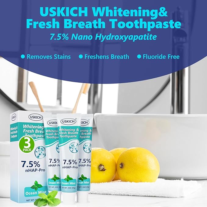 3 Pack Natural Whitening Fluoride Toothpaste,Whitening Toothpastes with Ocean Mint,Nano Hydroxyapatite Toothpaste, Appropriate for Sensitive Teeth - for Adult, Kids Oral Care,3 Oz Tubes