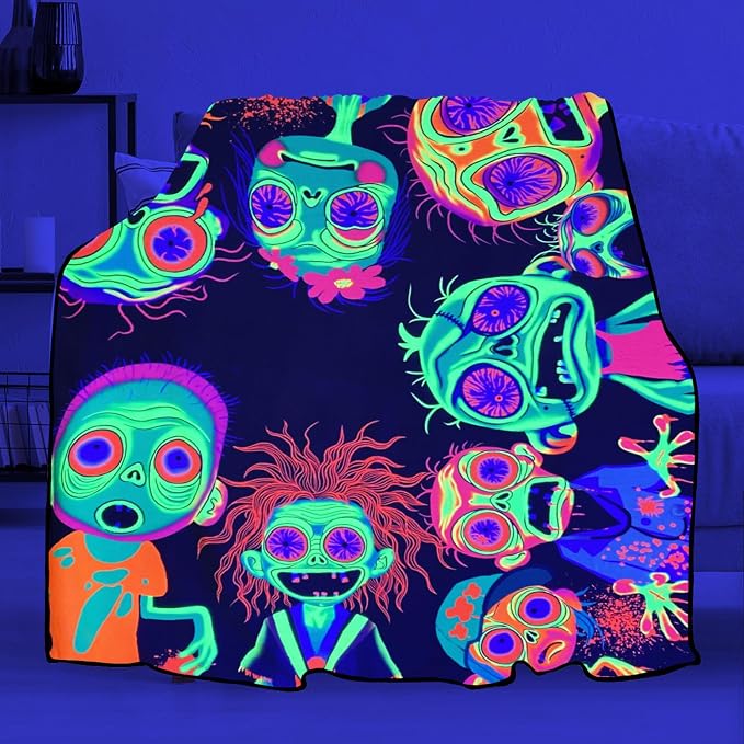 Blacklight Horror Scary Throw Blankets UV Reactive Funny Zombie Throw Blanket Glow in the Dark Under Black Lights Game Room Decor Soft Throw Gifts 59x51 Inches