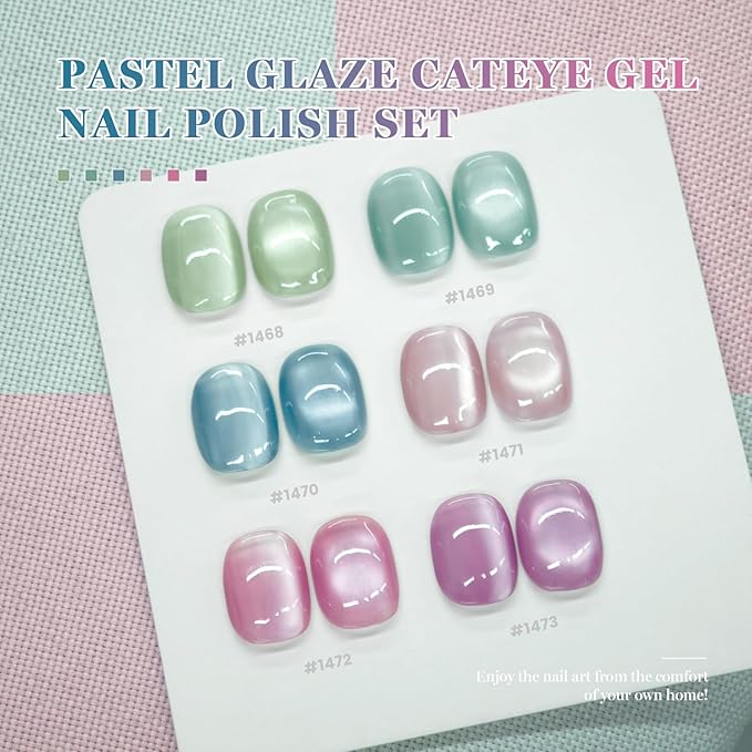RARJSM Sheer Pastel Glaze Glassy Ceramic Cat Eye Gel Nail Polish Set 6Pcs Light Green Mint Sky Blue Nude Rosy Pink Lavender Mauve Moonlight Shimmer Cateye Gelpolish with Magnetic Stick Curing Require