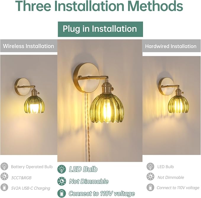 Shenmoyl Plug in Wall Sconce, Green Tulip Glass Lampshade Wall Light Plugin Corded for Bedside Bedroom Doorway