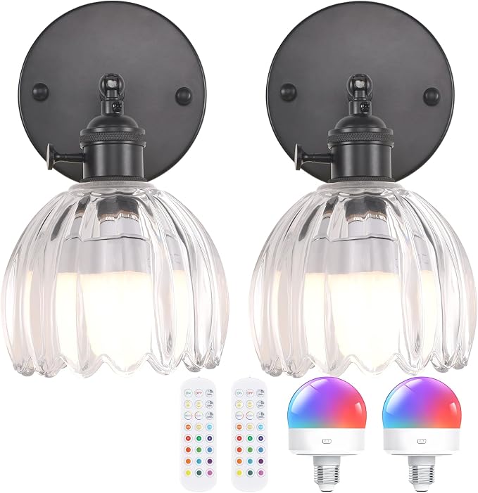 Shenmoyl Vintage Battery Operated Wall Sconce with Transparent Tulip Glass Lampshade Rechargeable Battery Powered Black Wall Light with Remote Control for Bedside Bedroom Doorway, Set of 2