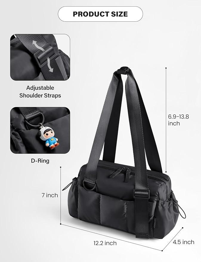 Uselike Small Gym Bag for Women, 7L Mini Duffle Bag for Travel, Lightweight Quilted Puffer Bag for Daily, Cute Shoulder Bag for Dance with Wet Pocket (Black)